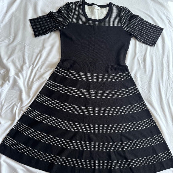 Calvin Klein Black Cream Midi Length Swing Dress M for Office or Dinner - Picture 1 of 9